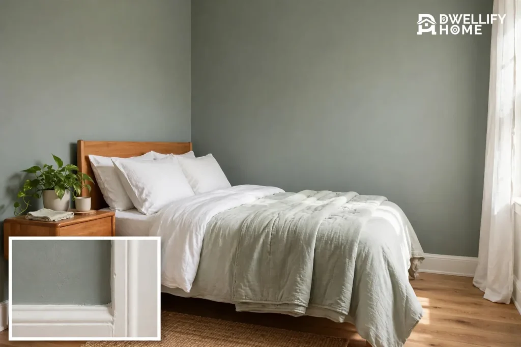 Serene bedroom with muted sage green-gray walls, white bedding and trim, warm wood furniture and soft daylight, with a close-up inset of the muted green-gray wall meeting white trim at bottom left