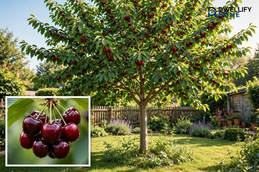 Single standard Stella cherry tree with a spreading canopy of large dark cherries, with a cluster of dark sweet cherries