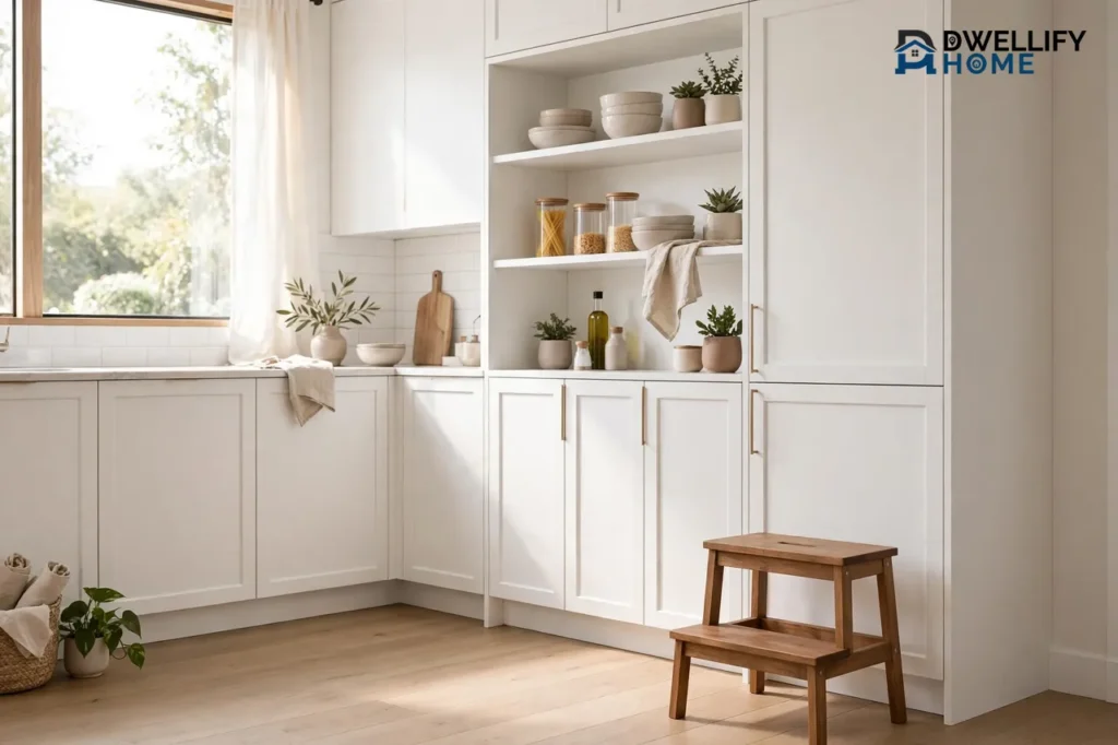 A bright white kitchen with open shelving holding bowls, jars and small plants, and a stylish two-step wooden step stool standing empty beside the tall cabinets, lit by warm daylight from a large window.