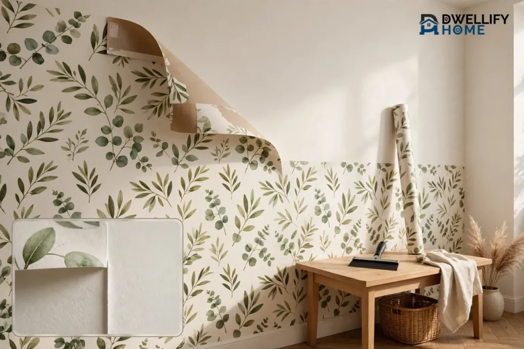 Bedroom accent wall half covered in botanical peel-and-stick wallpaper with a sheet peeled back showing its backing, a smoothing tool and a wallpaper roll nearby, with a magnified inset of the wallpaper edge adhering smoothly to the wall