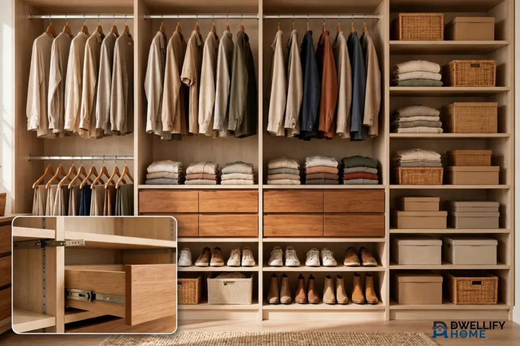 Full closet system with vertical shelving, double hanging rods, drawers, and shoe shelves, with a drawer inset