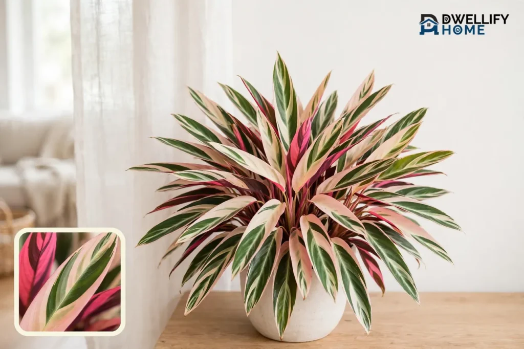 Stromanthe Triostar with pink cream and green leaves, leaf inset
