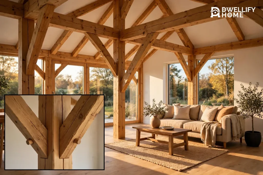 Sunlit timber-frame interior with diagonal braces, with a pegged brace-to-post joint inset
