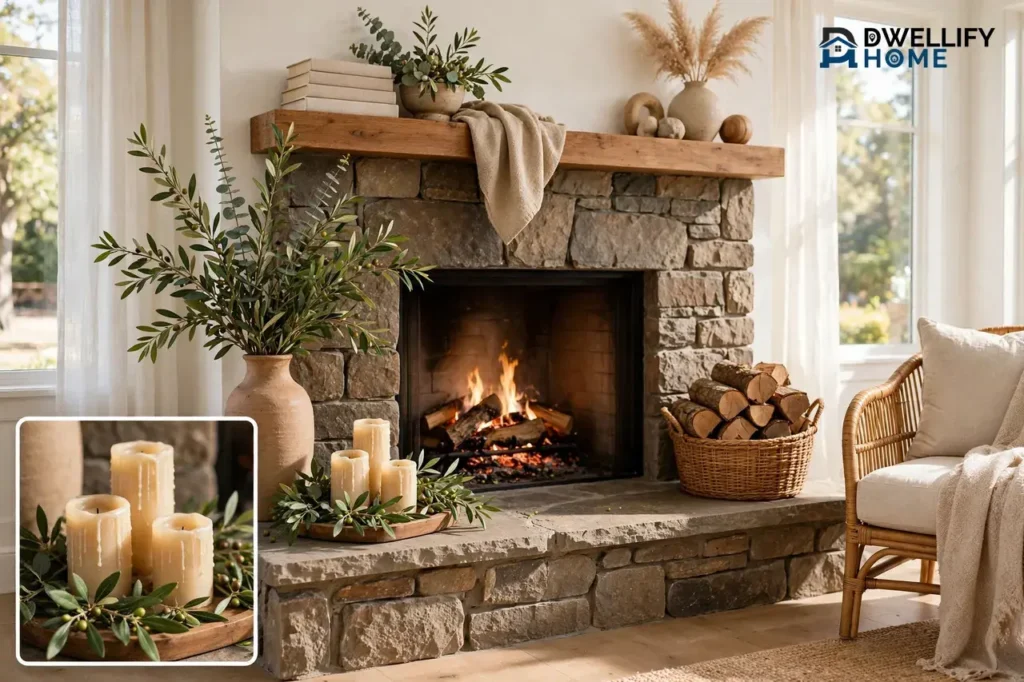 Styled stone fireplace hearth with a lit fire, pillar candles and greenery on a tray, a tall vase with olive branches, and a basket of stacked logs, with a close-up inset of the candles and greenery