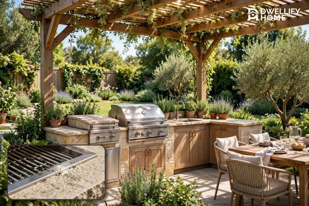 Outdoor summer kitchen under a wooden pergola with a built-in stainless steel grill, stone countertops, sink and dining seating in a sunny garden, with a magnified grill and stone countertop detail inset at the bottom left