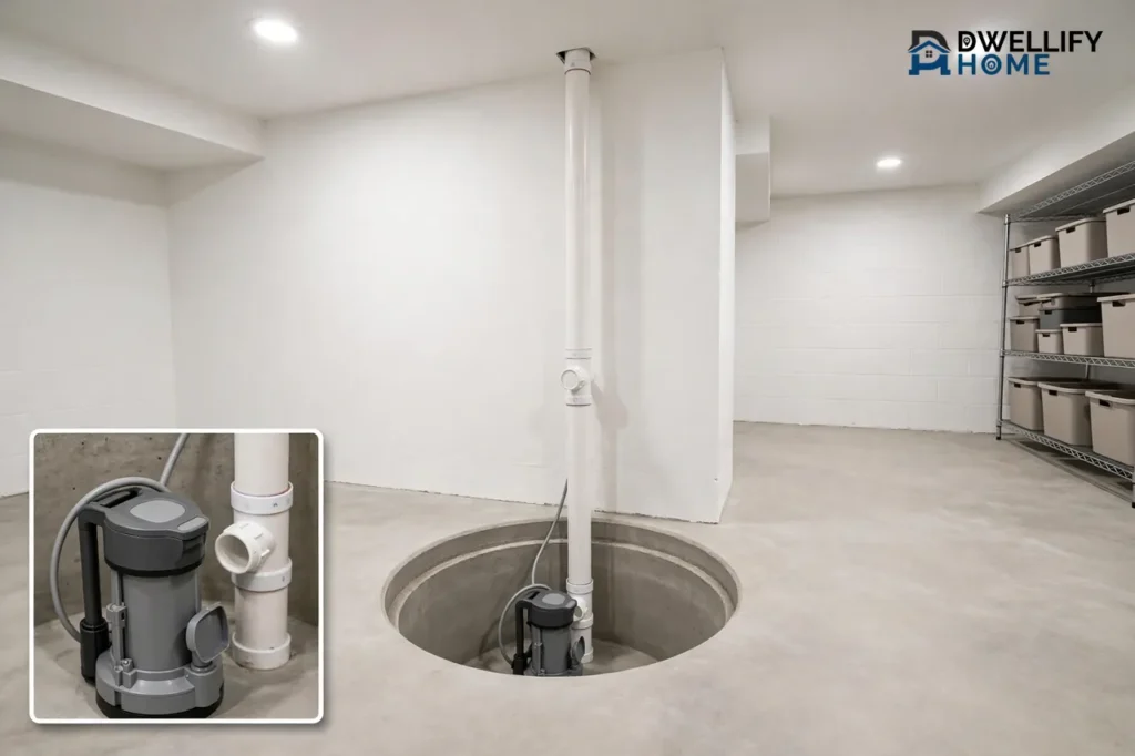 Clean bright basement with an open sump basin, pump and vertical discharge pipe, pump and pipe detail inset