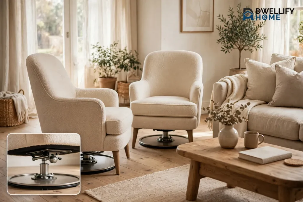Bright living room with two cream upholstered swivel accent chairs beside a sofa, one chair slightly turned, with a magnified inset showing the round metal swivel base under a chair