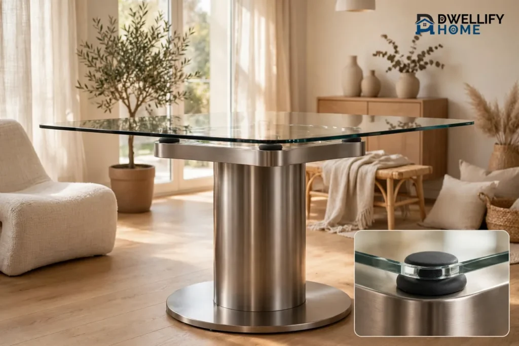 A brushed-metal pedestal table base with padded support points carrying a clean blank clear glass top in a bright dining room, with a magnified inset showing one padded support point under the glass edge
