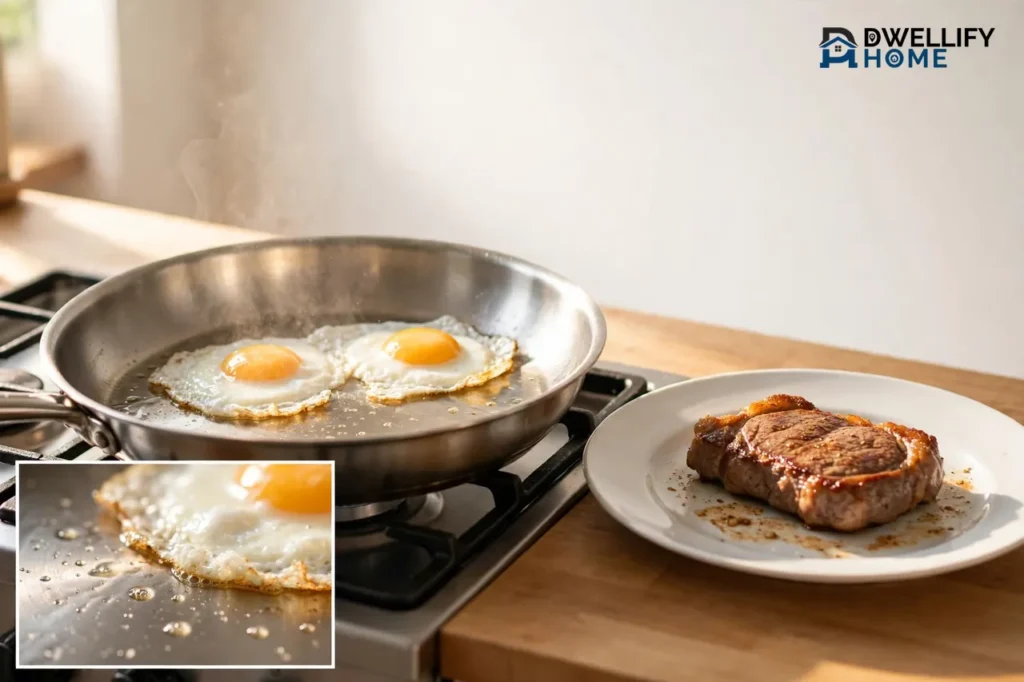 Unbranded stainless pan with eggs cooking on a stove and a seared steak on a plate, egg on pan inset