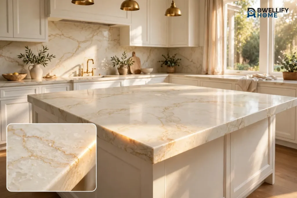 Sunlit white kitchen with a large island countertop of pale creamy Taj Mahal quartzite with delicate golden veining, and a close-up inset of the stone veining in the bottom-left corner