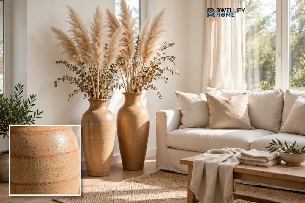 Two tall terracotta floor vases with pampas stems and branches beside a light sofa in a bright living room, with a bottom-left close-up inset of vase texture, and the Dwellify Home logo at the top right.