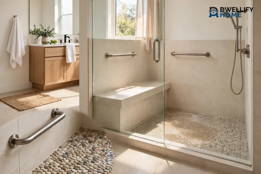 Bright walk-in shower with a bench seat, grab bars, handheld showerhead and pebble-style floor, with a magnified grab-bar detail in the bottom-left corner