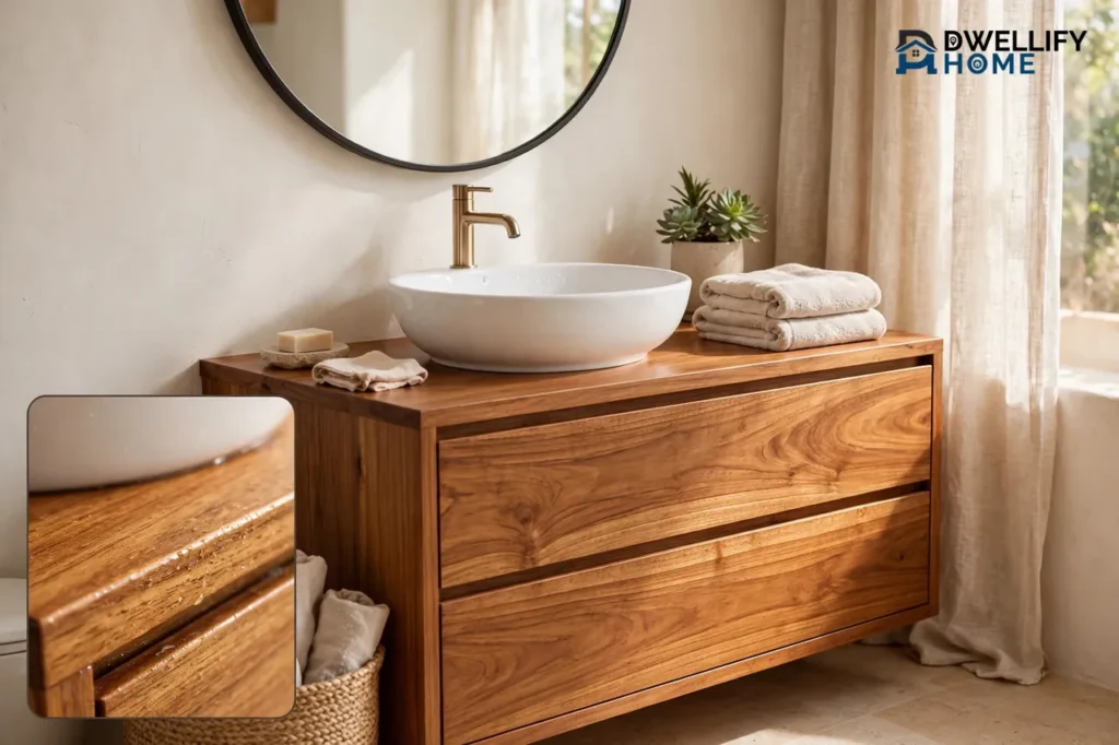 Bright bathroom with a warm teak wood vanity, white vessel sink, brass faucet and folded towels, with a magnified inset showing the teak wood grain and sealed edge beside the sink