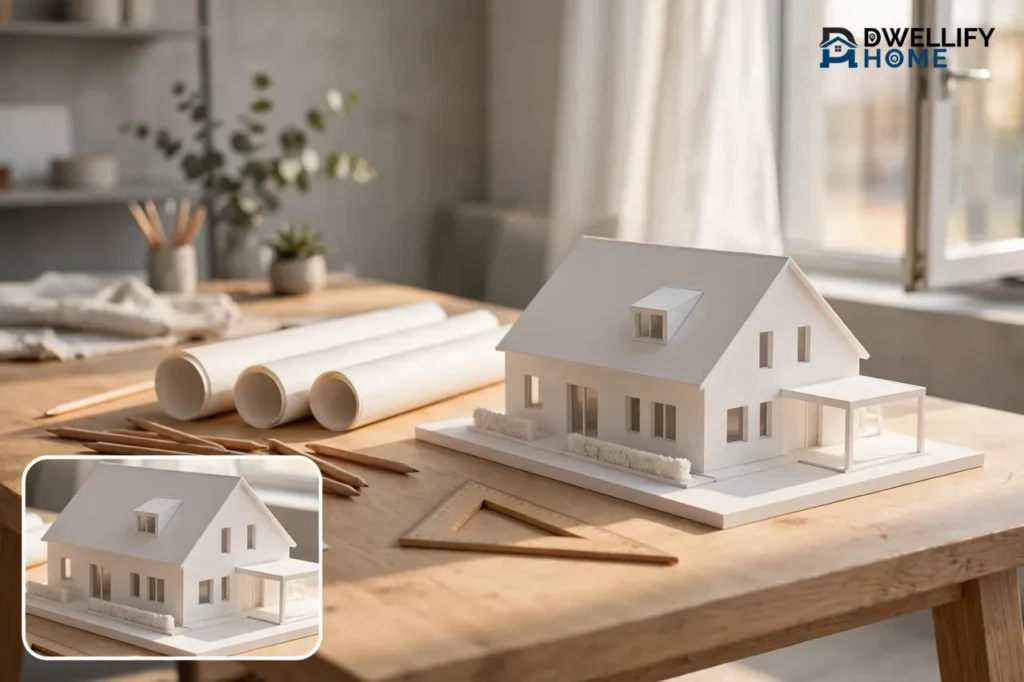 Architect's desk with a white house model and blank rolled plans, with a house model detail
