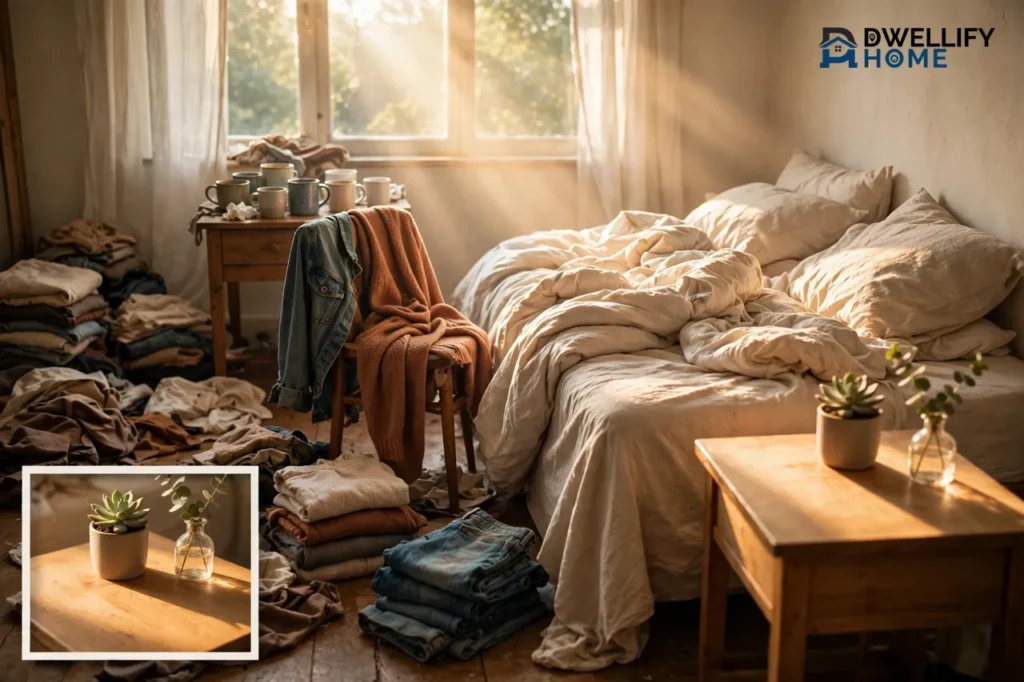A cluttered bedroom in soft warm morning light with clothes and cups scattered, sunlight through open curtains falling on a small cleared bedside table with a plant, a hopeful sign of reclaiming the space