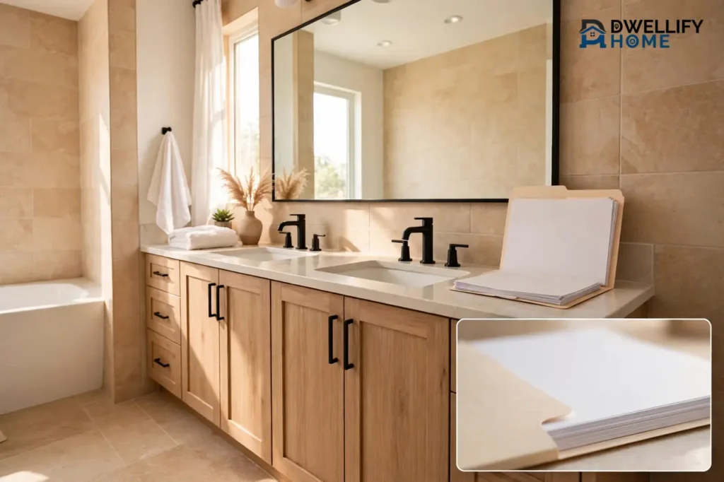 Renovated double-sink bathroom with a blank folder of blank papers, with a blank-paper inset