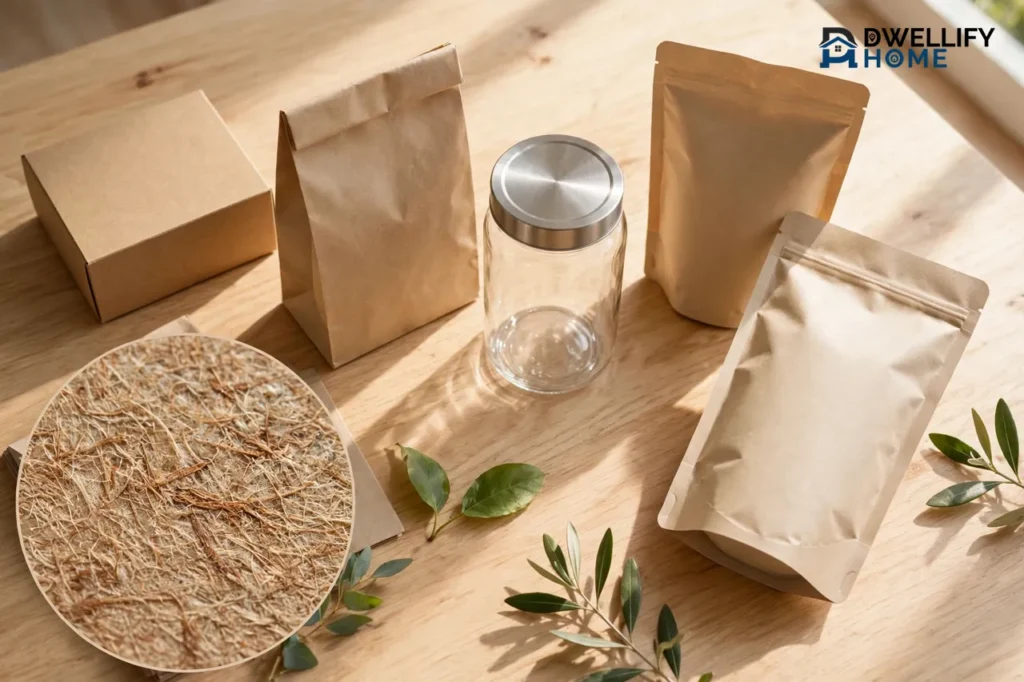Blank unlabelled kraft boxes and bags with a refillable glass jar and plant-based pouches, kraft fibre inset