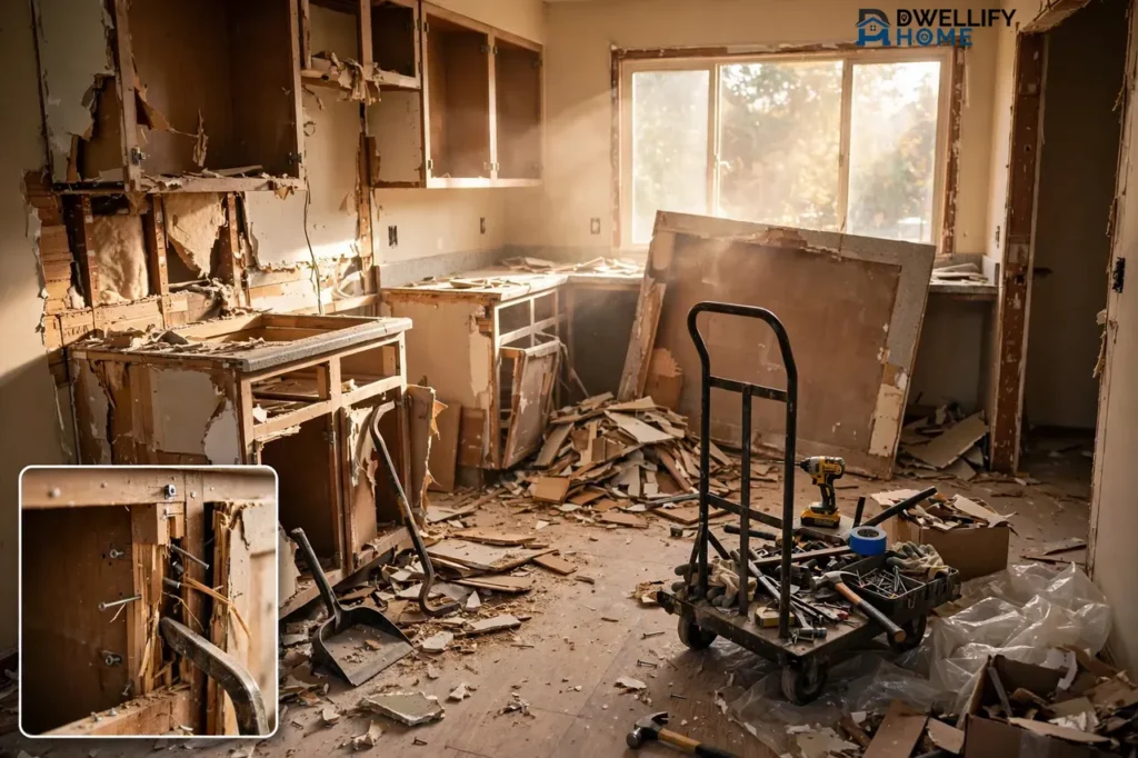 Sunlit gutted kitchen with torn-out cabinets, debris pile, hand truck and tools, cabinet framing inset