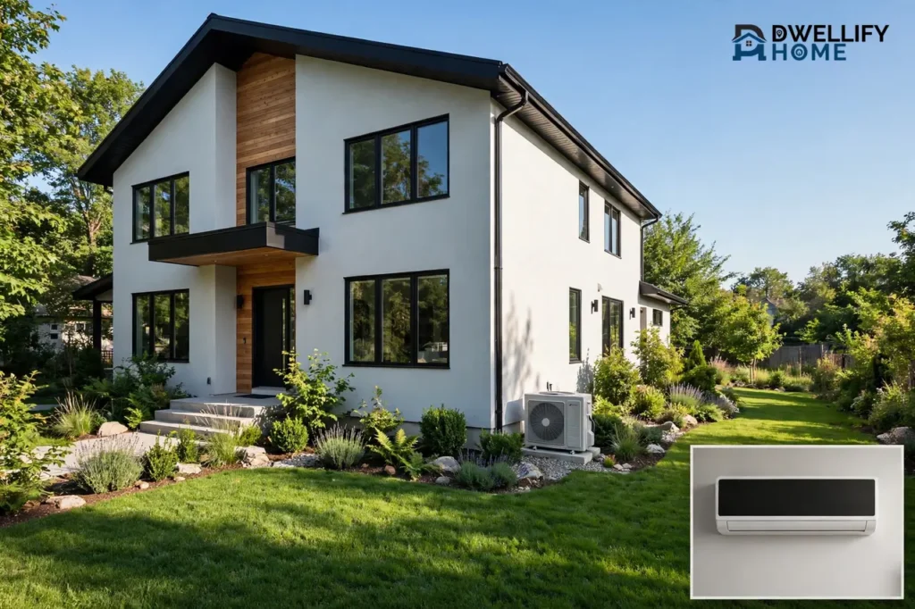 Modern home exterior with a central air conditioning unit beside the house, plus a wall-mounted ductless mini-split detail inset with a blank screen