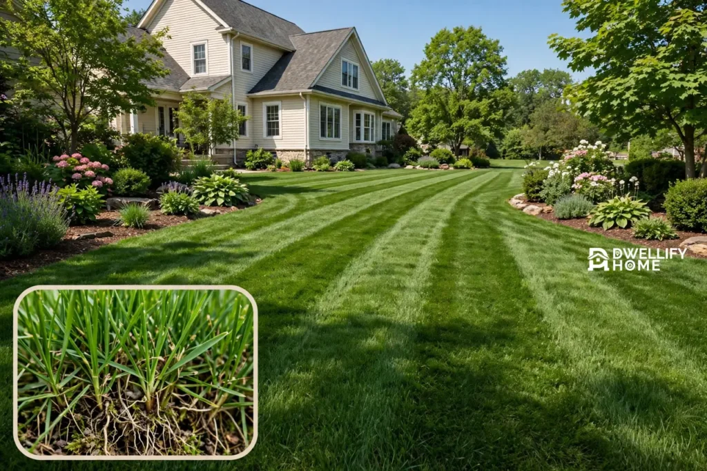 Lush deep-green striped lawn in front of a house, with a healthy grass blade and root close-up