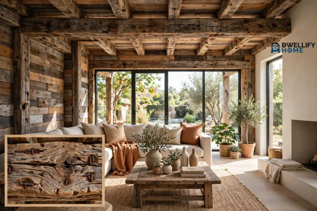 Bright modern interior reusing old timber beams and cladding