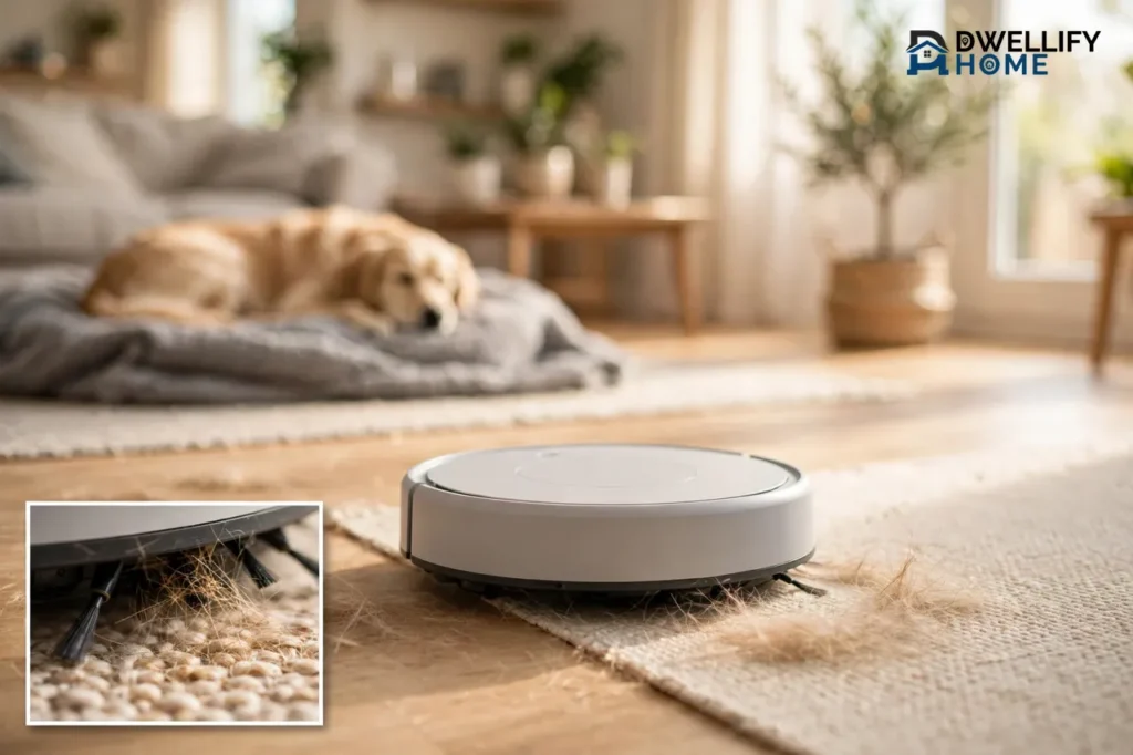 Generic robot vacuum with blank top on a rug with visible pet hair and a dog resting behind, with a brush-lifting-hair inset