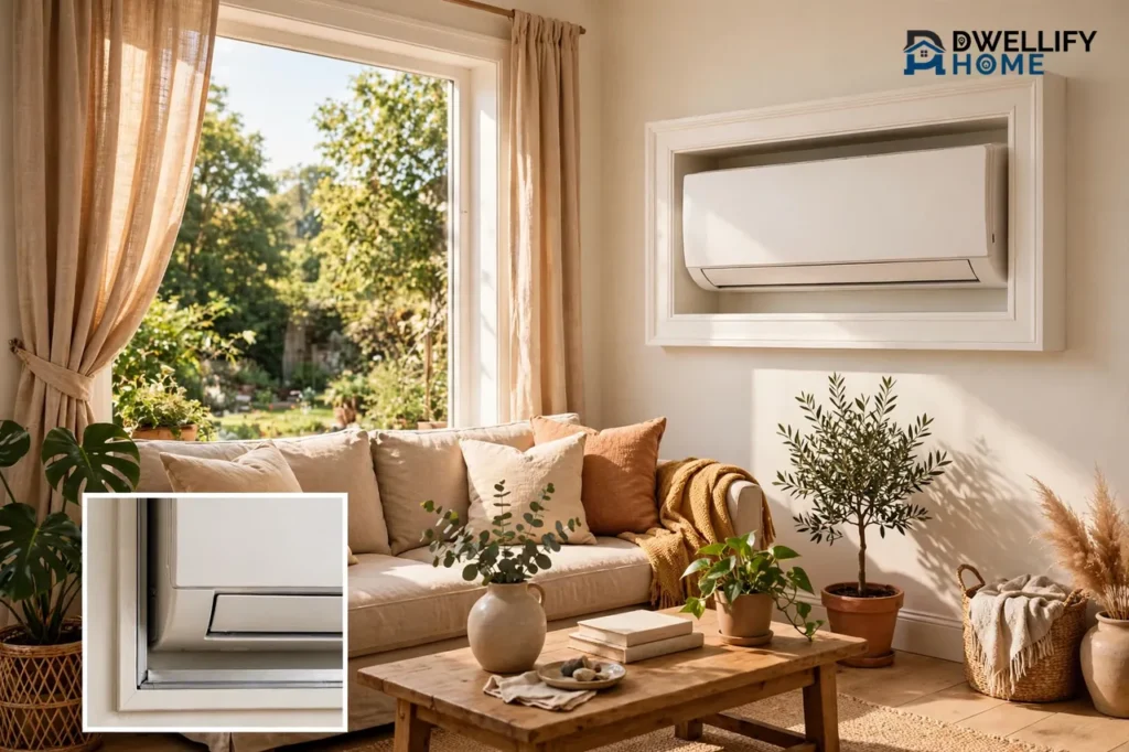 Air conditioner mounted flush in a wall opening with the nearby window free, with a wall-sleeve inset