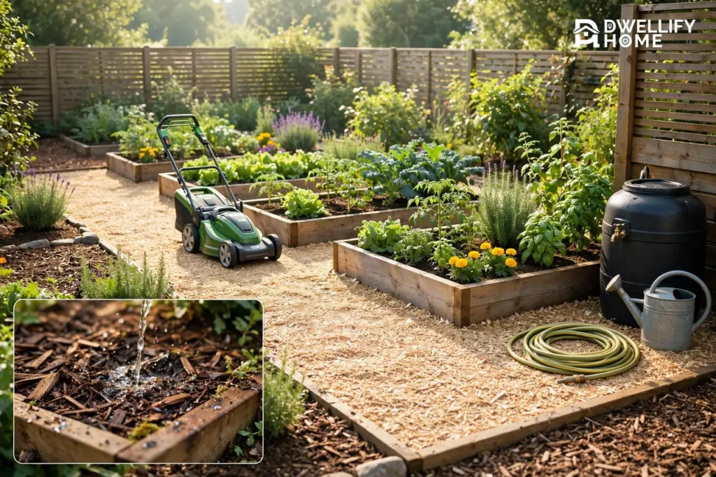 Tidy low-maintenance garden with raised beds, a mower on a woodchip path, water butt, watering can and coiled hose, with a magnified inset of water soaking into a mulched bed in the bottom-left corner
