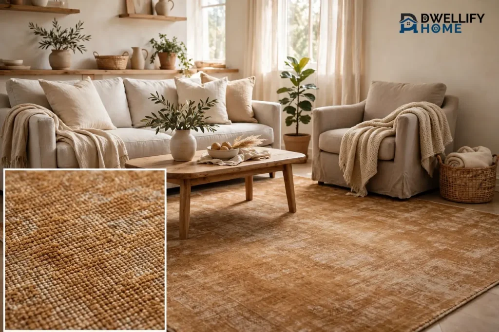 Large caramel distressed low-pile rug under a sofa, coffee table and armchair in a bright family living room, with a magnified rug-weave detail in the bottom-left corner