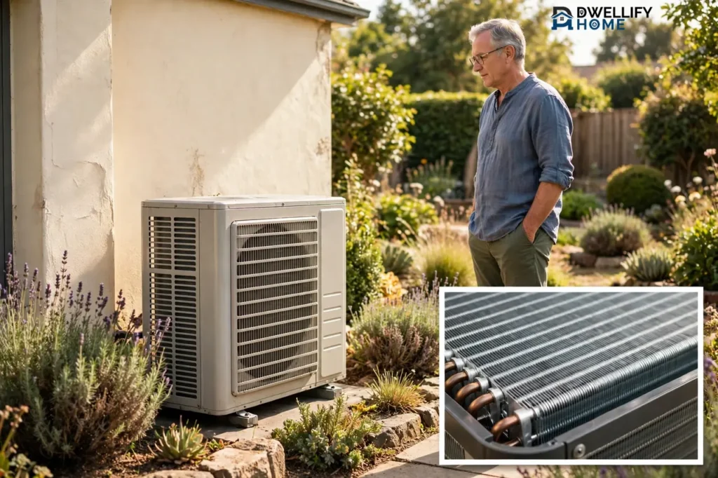 Older generic outdoor cooling unit with a homeowner reviewing it, with a condenser fins inset