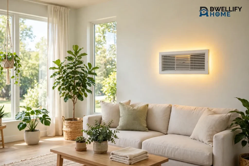 Bright clean living room with a pale sofa, plants and a glowing wall vent after mold remediation