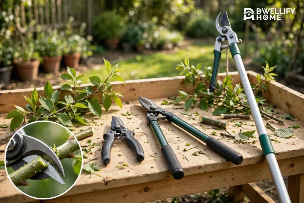 Hand pruners, loppers and a pole pruner on a sunny garden bench, with a blade-cut inset