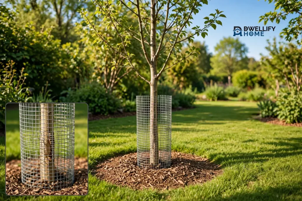 Young tree with a hardware-cloth mesh cylinder trunk guard and a mulched grass-free ring, with a mesh close-up showing airflow gaps
