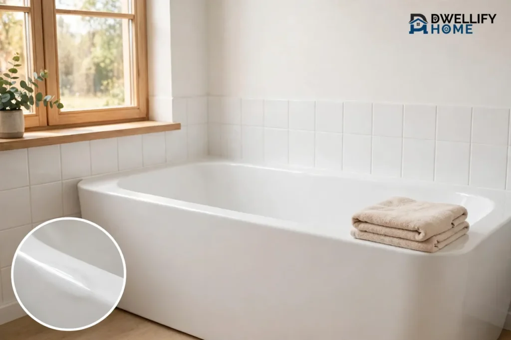 Clean white bathtub in a bright bathroom, smooth repaired surface inset