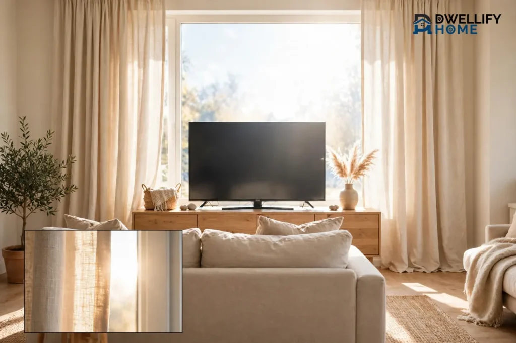 Living room with a flat-screen television on a low wooden console directly in front of a bright large window with sheer curtains partly drawn at the edges, a sofa facing it, and a close-up inset at the bottom left showing curtain fabric blocking daylight at the window edge