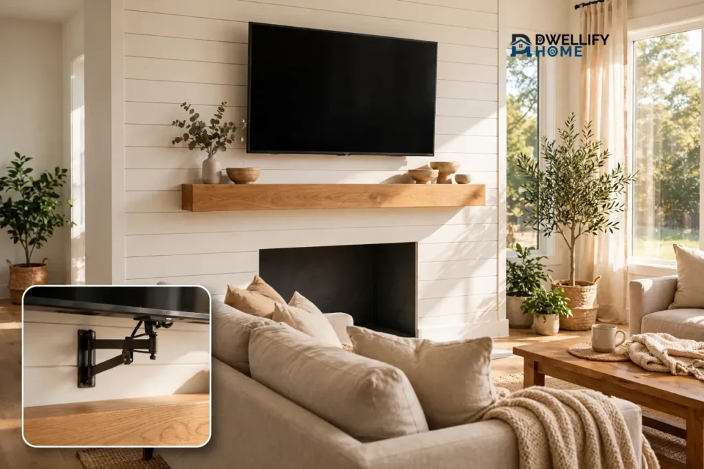 Television mounted above a wooden fireplace mantel with an unlit firebox and sofa facing it, with a magnified close-up of the wall mount and mantel gap in the bottom-left corner