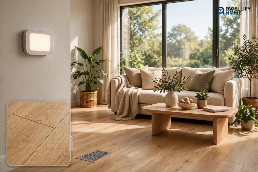 Modern living room with oak flooring blank wall thermostat and floor vent, flooring grain inset