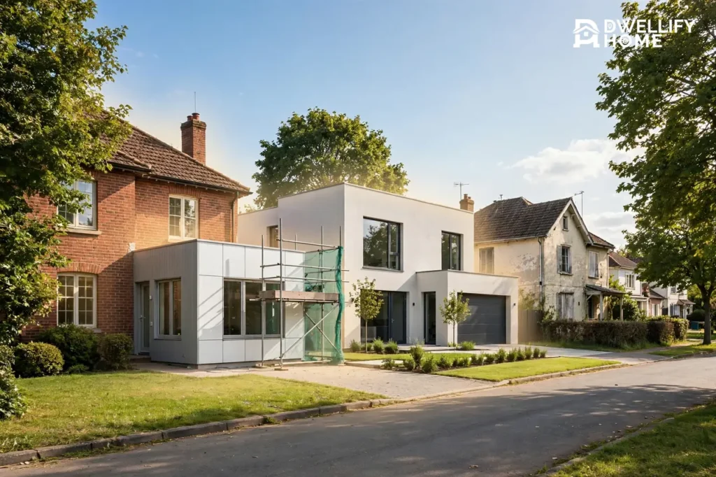 Sunny residential street with neighbouring houses at different building stages, including a new extension with scaffolding and a freshly completed modern house