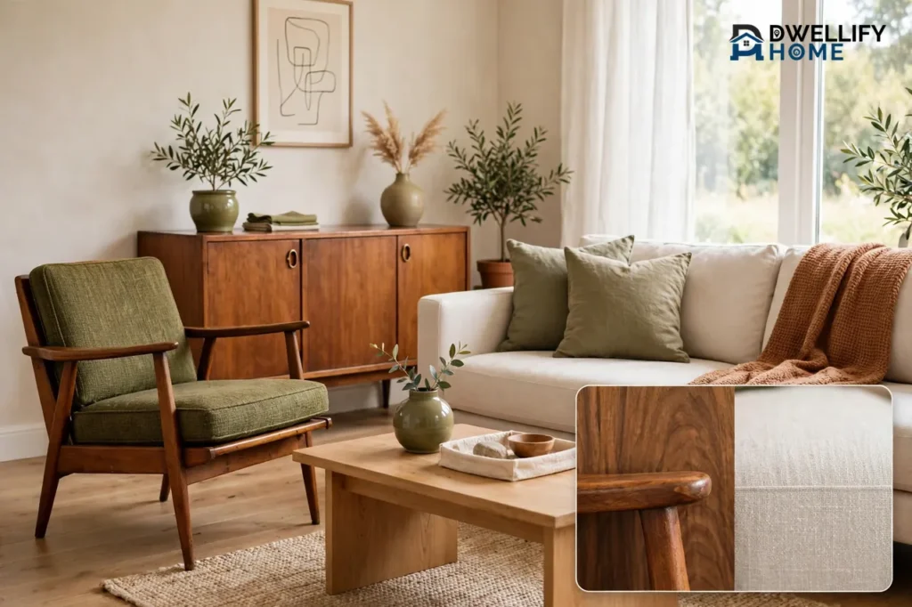 Living room mixing a vintage mid-century chair and walnut sideboard with a clean modern sofa, with a wood and fabric inset