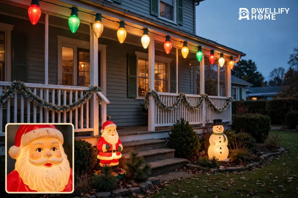 Vintage outdoor Christmas porch with fat multicolor C9 bulbs, blow-mold Santa and snowman