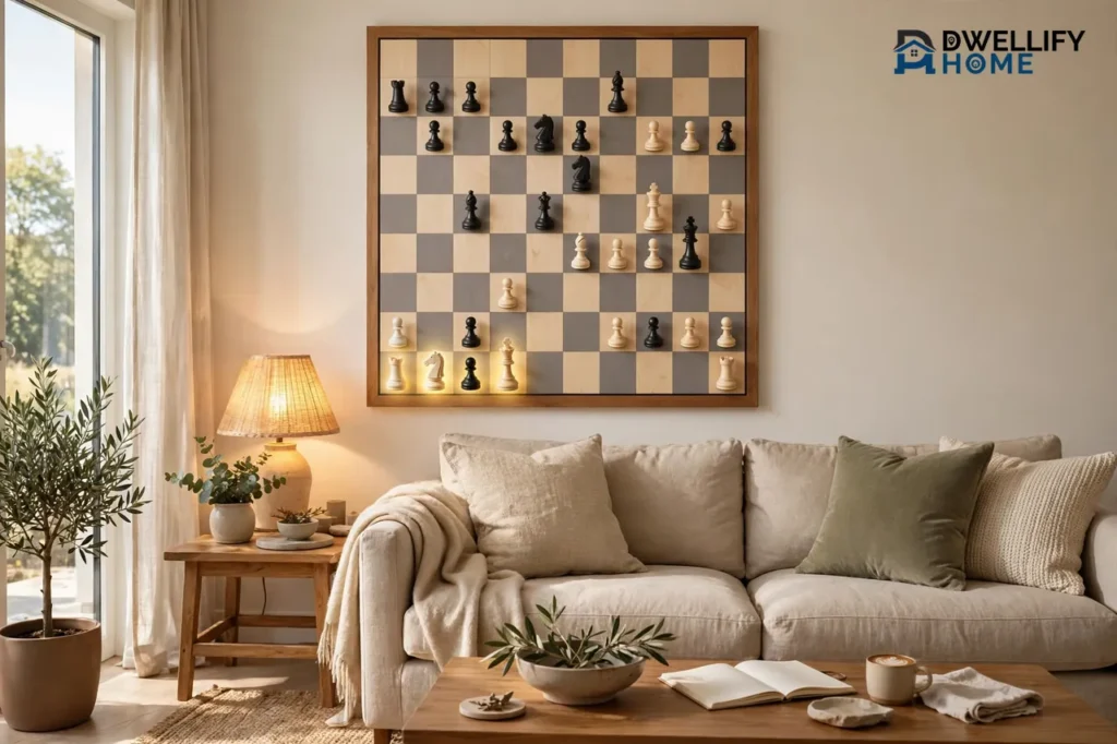 Wall-mounted vertical chess board mid-game above a sofa in a warm living room