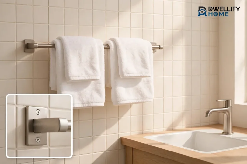 Bright bathroom with a wall-mounted metal towel bar holding folded white towels above a sink, and a bottom-left magnified inset showing the mounting bracket and screws fixed to the tiled wall