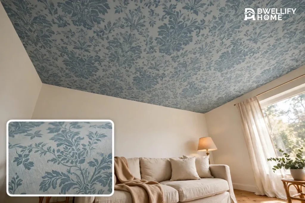 Living room with a blue-grey botanical damask wallpapered ceiling above calm plain walls, with a close-up inset of the ceiling wallpaper pattern