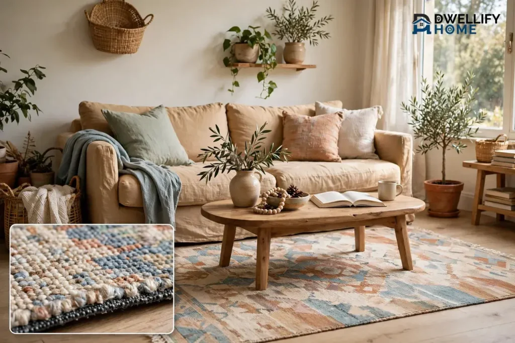 Bright living room with a patterned low-pile washable area rug under a wooden coffee table in front of a beige sofa, with a magnified close-up inset of the rug weave and backing edge in the bottom-left corner