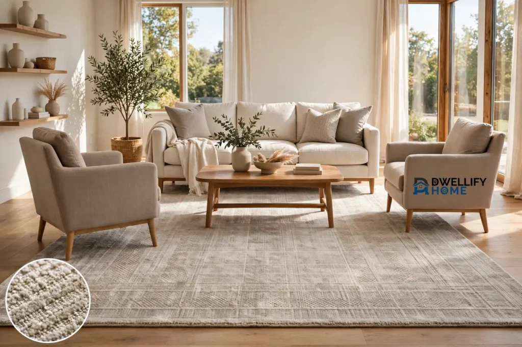 Large light washable rug anchoring a bright living room, extending under a sofa, coffee table and two armchairs, with a close-up inset of the low-pile weave
