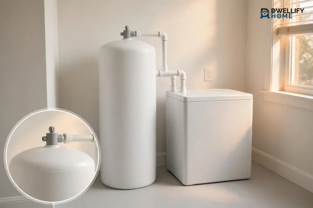 A white home water softener with a tall cylindrical tank and a shorter square tank connected by plain white pipes in a bright utility room by a window, with a round magnified inset at the bottom left showing the plain tank top and valve with no markings.