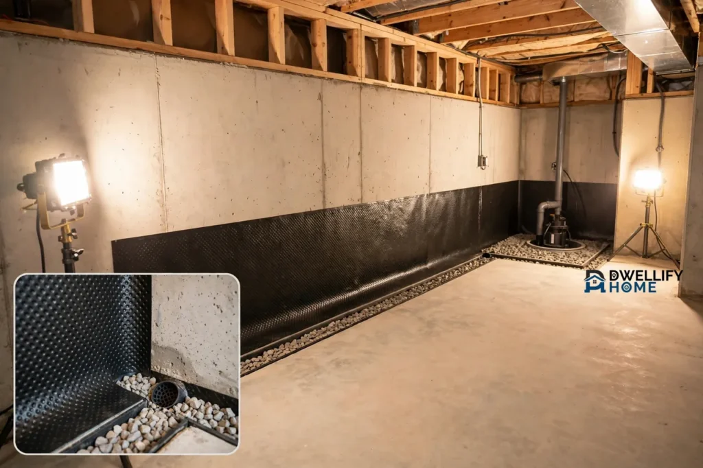 Bright dry basement with black waterproofing membrane along the foundation wall, an interior drain channel and a sump pump, with a magnified inset at bottom left of the membrane and drain