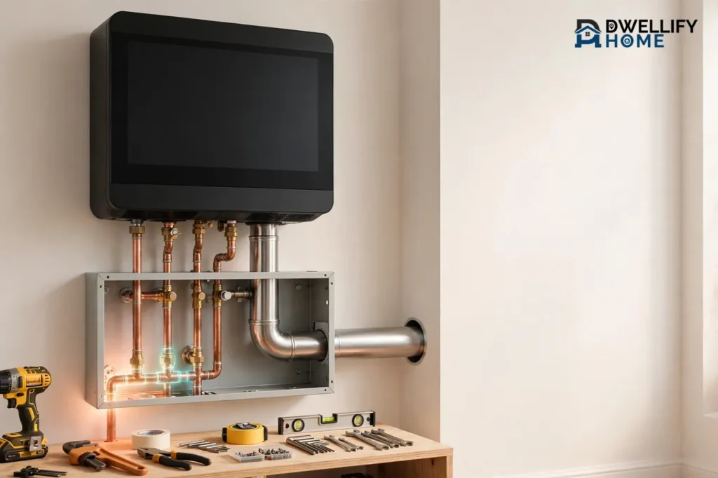 Compact wall-mounted tankless water heater with copper pipes and vent run, blank display