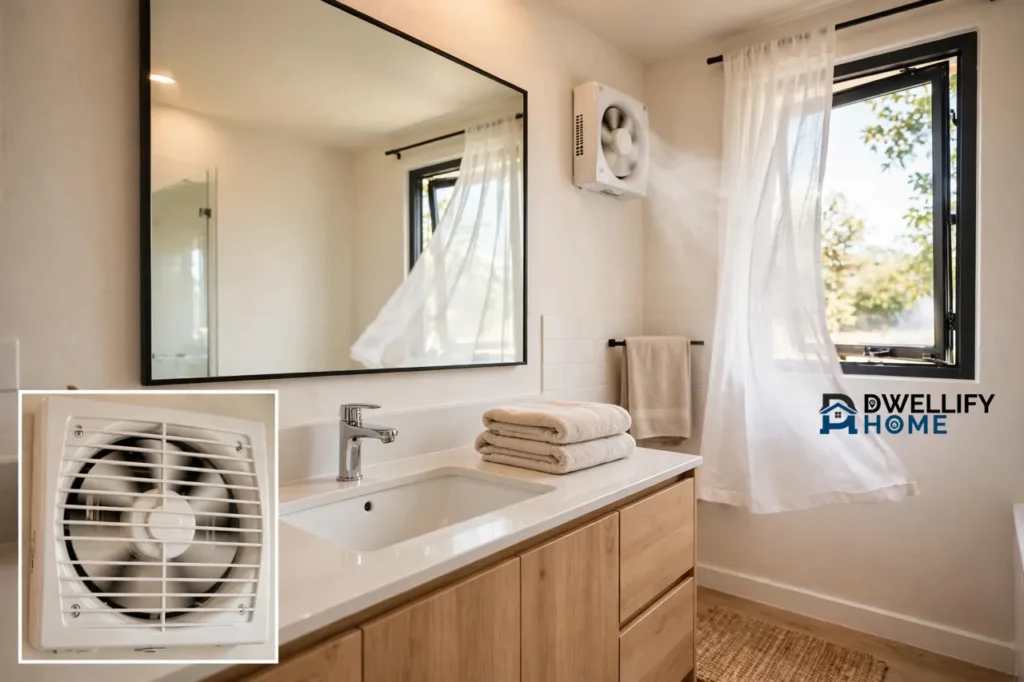Bright bathroom with a wall exhaust fan and an open window with sheer curtains blowing in fresh air, with a close-up inset of the exhaust fan at bottom left