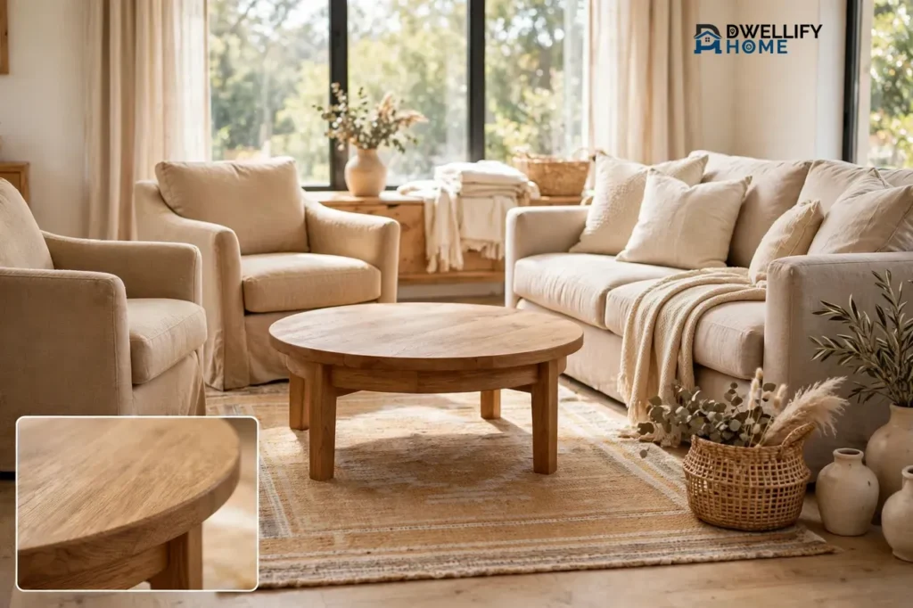 Round wooden coffee table in a bright living room, curved table edge inset